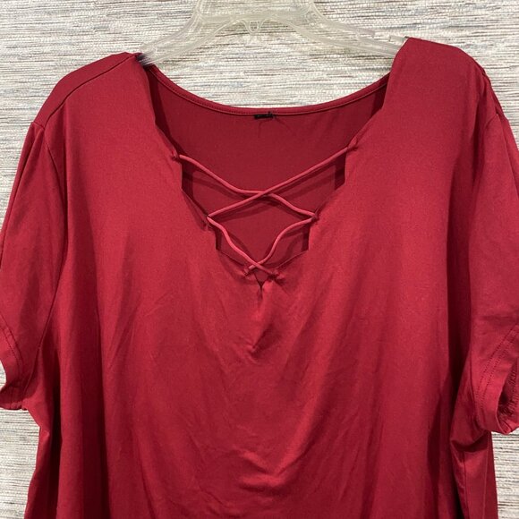 Womens Plus Size 3XL Red Crisscross V-Neck Short Sleeve Tunic Top - Picture 2 of 3